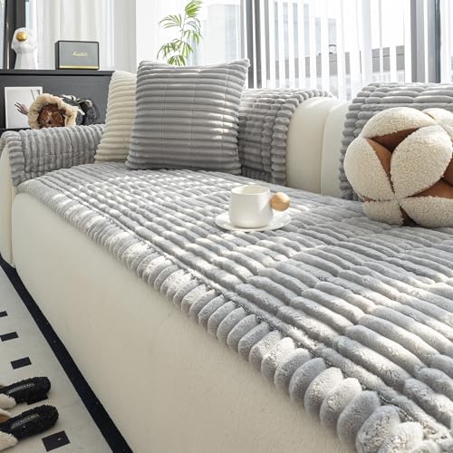 Sofa Couch Cover, Sofa Covers for Dogs Washable, Non-Slip Striped Sofa Slipcovers for Sectional Sofa, Sofa Cover Furniture Protector for L Shaped(Light Grey, 27.6"x 59")