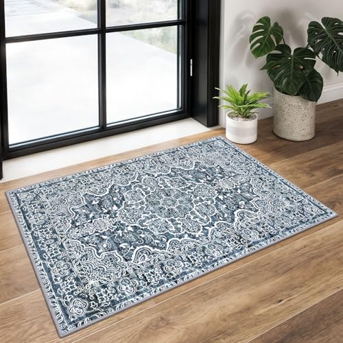 KUTA Entryway Rugs Indoor Non-Slip Washable Small Area Rug 2x3 Blue Entrance Carpet Soft Printed Vintage Floral Distressed Tribal Farmhouse Low-Pile Door Mat for Bedroom Kitchen