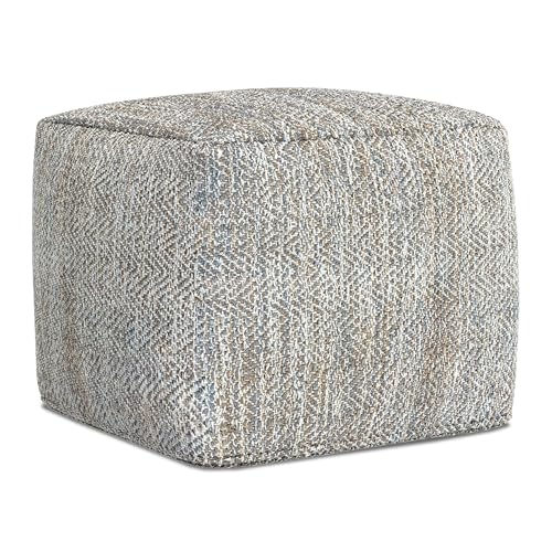 SIMPLIHOME Nate Square Pouf - 18 inch Wide Upholstered Handwoven Cotton Ottoman in Grey Melange, Boho Footstool or Extra Seating for Living Room or Bedroom with Polystyrene EPS Beads, Assembled