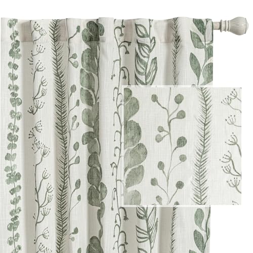MEETSKY Sage Green Curtains 84 Inches Long 2 Panels Boho Curtains for Living Room Light Filtering Patterned Drapes for Bedroom Linen Style Back Tab Leaf Print Window Treatment, 50” Wide Each Panel