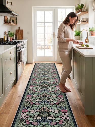 2x8 Washable Runner Rug for Kitchen: Non-Slip Floral Carpet Runners Boho Indoor Rugs for Entryway Hallways - Botanical Soft Low Pile Long Mats for Floor Bedroom Laundry 2x8 Dark Green
