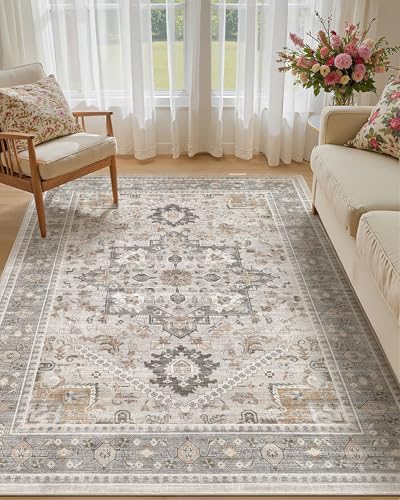 5x7 Vintage Area Rug: Washable Neutral Soft Non Slip Thin Large Floor Carpet for Living Room Bedroom Kitchen Dining Room Home Office Farmhouse Indoor - Taupe