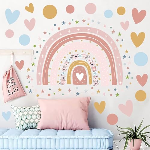 Supzone Rainbow Flower Wall Stickers - Boho Rainbow Wall Decal with Colorful Dots, Hearts, Stars for Girls Baby Nursery Bedroom Playroom DIY Vinyl Mural Art