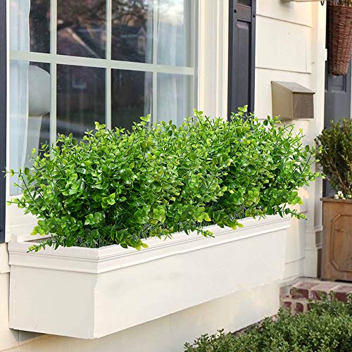 8 Bundles Outdoor Artificial Boxwood UV Resistant Fake Stems Plants, Faux Plastic Greenery for Indoor Outside Hanging Plants Garden Porch Window Box Home Wedding Farmhouse Décor