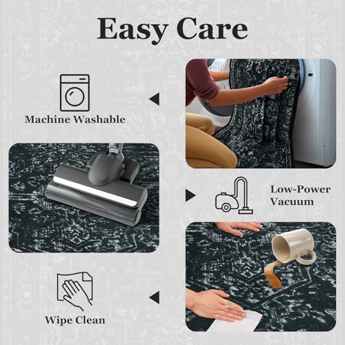 Black Vintage Distressed 8x10 Area Rugs for Living Room, Washable Non Slip Bedroom Rugs Under Bed Faux Wool Soft, Dark Medallion Pinted Thin Carpet for Dining Room Home Office