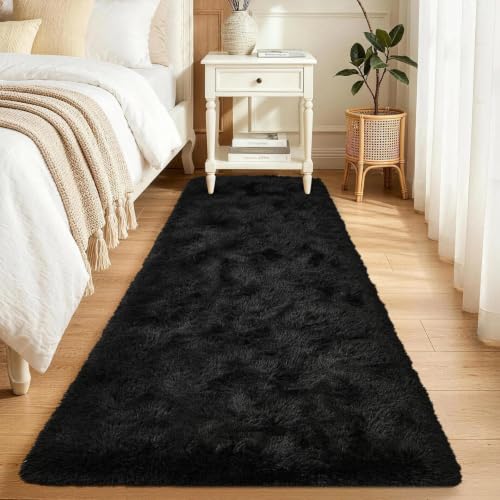 2x6 Black Runner Rug for Bedroom Hallway Living Room, Fluffy Shag Soft Plush Furry Carpet Solid Color, Non-Slip Indoor Floor Mat for Entryway Bathroom Bedside Laundry Living Room Home Decor