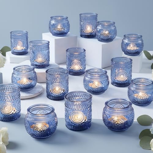 36 Pcs Blue Votive Candle Holders Bulk- Assorted Floral Tea Light Candle Holders for Wedding Table Decor, Blue Centerpieces for Wedding, Bridal Shower, Baby Shower Decorations