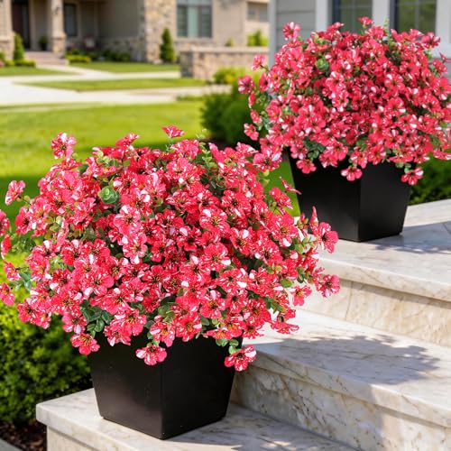 GLIDLION 12 Bundles Artificial Morning Glory & Eucalyptus for Outdoor, Realistic Fake Silk Flower UV Resistant Faux Plant for Front Door Patio Garden Farmhouse Decor (Rose Red)