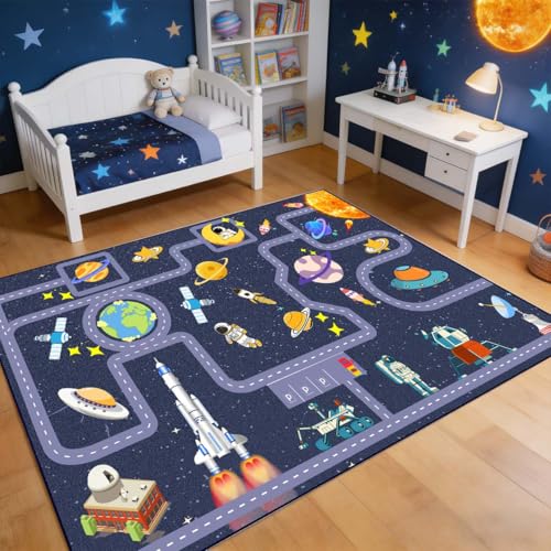 Outer Space Kid Rug,Boys Car Rug for Kids Toy Cars Have Fun Safely, Non-Slip Educational City Road Rugs Carpets for Kid Room Bedroom(47×31 in