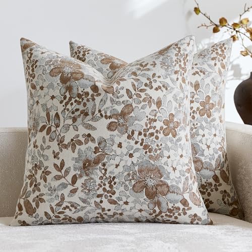 Vintage Floral Throw Pillow Covers 20x20 Pack of 2 Country Farmhouse Accents Chenille Jacquad Decorative Square Pillow Cases for Living Room Couch Bed Home Decor, Camel Khaki Tan