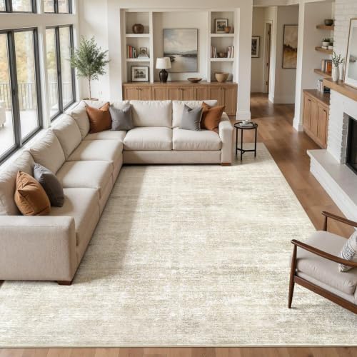9x12 Area Rug for Living Room, Abstract Washable Carpet, Pale Beige