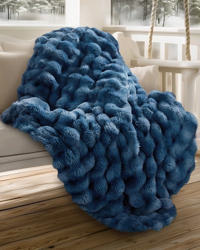 Ultra Soft Cozy Faux Fur Throw Blanket, Fuzzy Plush Thick Bubble Blanket, Oversize Luxury Fluffy Blanket for Couch, Sofa, Bedroom, and Living Room,50x60 Inches,Blue