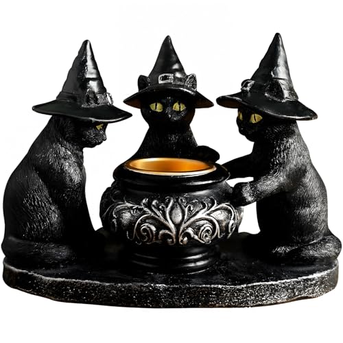 Halloween Black Cat Candle Holder with Witch Hats, Gothic Cauldron Decor