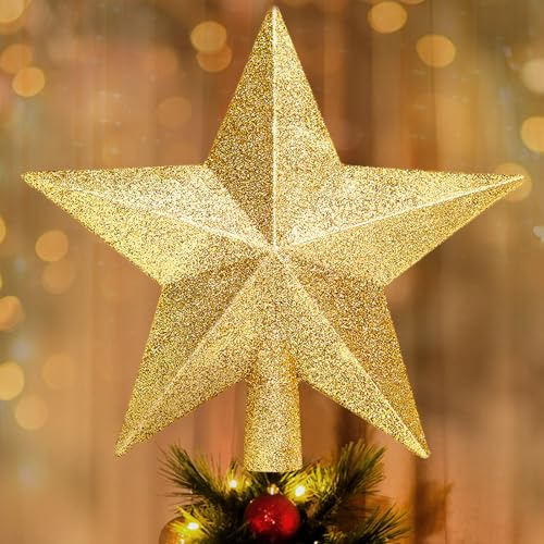 Glitter Christmas Star Tree Topper for Holiday Decorations, Christmas Tree Decoration for Holiday Ornament and Home Decor, Shatterproof Tree Toppers for Party Indoor & Outdoor-Gold 8 inch