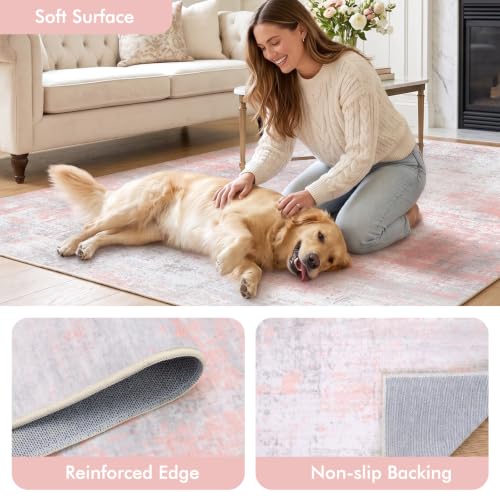 Fixwal Washable 8x10 Area Rug for Bedroom, Non-Slip, Gray/Pink