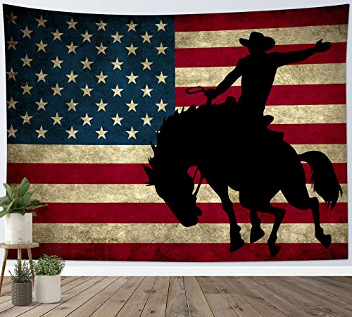 LB Western Cowboy Tapestry Vintage American Flag Tapestry for Bedroom Cool Man on Black Horse Tapestries Wall Hanging for Living Room College Dorm Wall Decor,60x40 inches