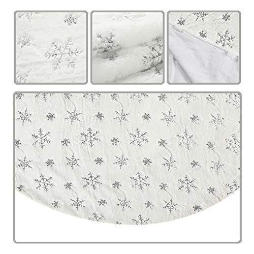 Christmas Sequin Tree Skirt 30in,White Soft Thick with Silver Snowflakes Decorations for 3FT 4FT 5FT Xmas Tree