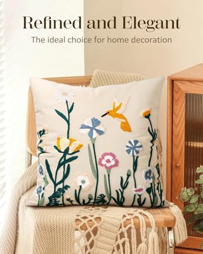Embroidered Throw Pillow Cover 18x18 Inch, Flower Bird