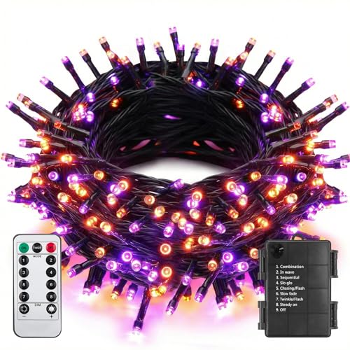 ITICdecor 33ft 100 LED Halloween Lights, Purple & Orange Halloween String Lights Waterproof Battery Operated, 8 Modes Decorative Lights for Indoor Outdoor Party Garden