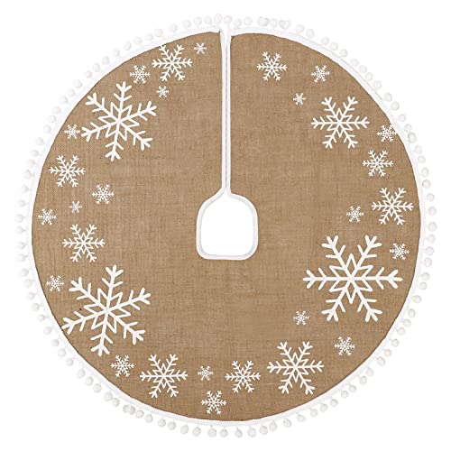 MACTING Christmas Tree Skirt, 30 Inch Small Burlap Tree Mat with White Large Small Snowflake Patterns Pom Poms for Holiday Party Indoor Home Christmas Tree Decorations