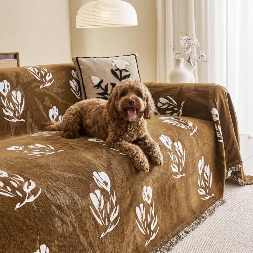 Couch Cover for Dogs Washable Sofa Cover, Sectional Couch Covers, Sofa Covers for 2 Cushion Couch, Non Slip Stripe Sofa Slipcovers Furniture Protector (Floral Brown 71x118)