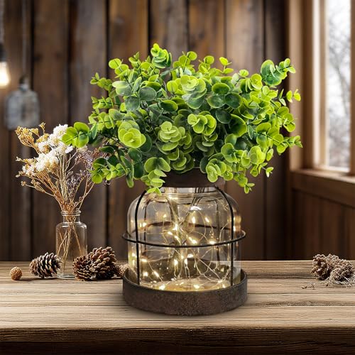 Rustic Farmhouse Glass Vases with Green Artificial Eucalyptus Plants & Lights Primitive Vintage Lantern Home Decor Centerpiece for Counter Coffee Table Shelf Desk Office Dining Room Kitchen Bathroom