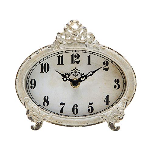 NIKKY HOME Small Vintage Table Clock Distressed White, Shabby Chic Decor | Battery Operated Decorative Metal Oval Desk Clock, French Elegant Decor for Living Room, Office, Mantel, Shelf
