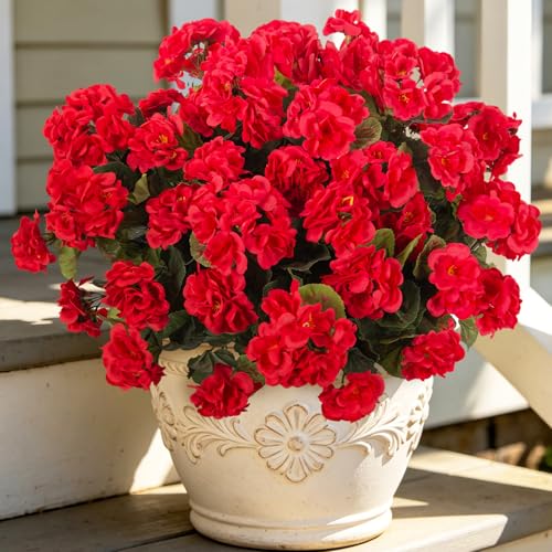 Ammyoo Artificial Geranium Flowers for Outdoors Decoration, 6 Pcs Fake Silk Geraniums Flower UV Resistant Look Real Faux Plants for Spring Garden Porch Planter Yard Table Centerpieces Decor