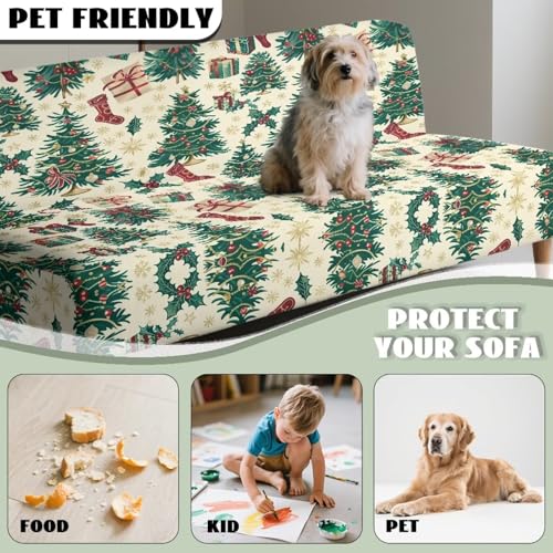 Christmas Tree Futon Cover Armless Stretch Sofa Slipcover Washable Elastic Armless Couch Furniture Protector for Bedroom Living Room Home Decor Green