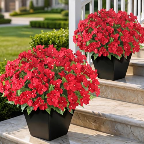 YXZZWL 8 Bundles Artificial Impatiens for Outdoor Spring Summer Decor, No Fade Silk Fake Flowers, UV-Resistant Faux Plants for Garden Porch Home Farmhouse Decoration (Red)