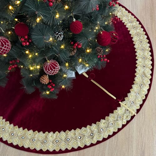 60-Inch Venetian Gilded Velvet Christmas Tree Skirt with Gold Embellished Border, Foam-Padded, Button Closure, Burgundy