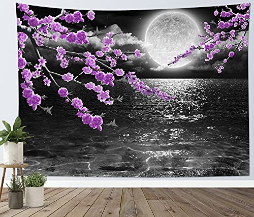 LB Small Full Moon Over Ocean Tapestry Wall Hanging, Purple Japanese Cherry Blossom Wall Tapestry, Fantasy Asian Scenery Wall Art for Bedroom Living Room Dorm Home Decor, 60 x 40 Inches