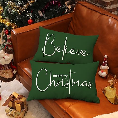 DFXSZ Christmas Throw Pillow Covers 12x20 Inch Set of 2 Merry Christmas Farmhouse Decorations Believe Holiday Decor Throw Cushion Case for Home Couch