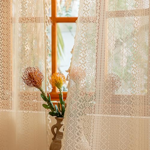Sutuo Home Beige Boho Lace Curtains 84 inches Long,Crochet Macrame Bohemian Drape Farmhouse Vintage Chic Tassels,Cream Sheer Window Curtains for Living Room&Bedroom Decor Rod Pocket, 2 Panels 50" W