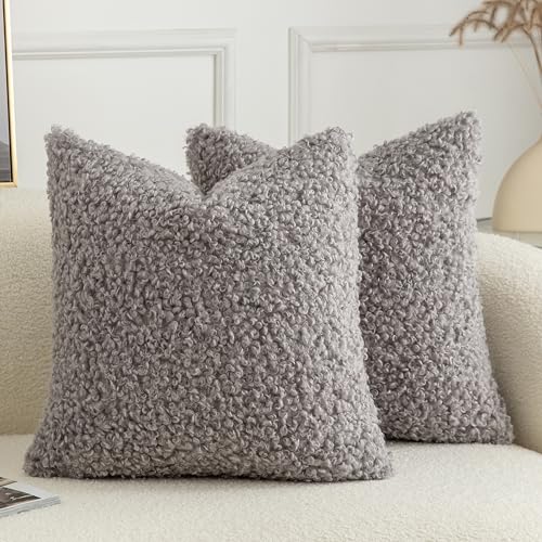 Pack of 2 Curly Teddy Wool Faux Fur Throw Pillow Covers Fuzzy Accent Soft Sherpa Pillowcases Sheepskin Fleece Decorative Cushion Case for Sofa Couch Living Room 16x16 Inch Light Grey