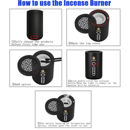 2-in-1 Electric Incense Burner with Quran Speaker, Rechargeable Portable Bakhoor Burner and Aroma Diffuser, Round, Black, 3.1x3.1x4.8 Inches
