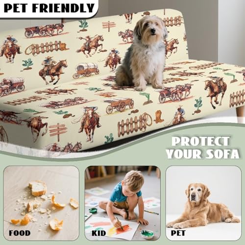 Suobstales Horse Cactus Cowboy Pattern Futon Slipcover Armless Sofa Cover Stretch Furniture Protector for Foldable Couch Bed with Elastic Bottom for Living Dining Room