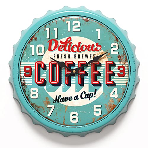 Menterry Bottle Cap Design Iron Retro Wall Clock, 13 inch Vintage Style, Silent Non-Ticking Battery Operated Creative Decor Wall Clocks for Cafes,Farmhouse,Office,Kitchen (Blue)