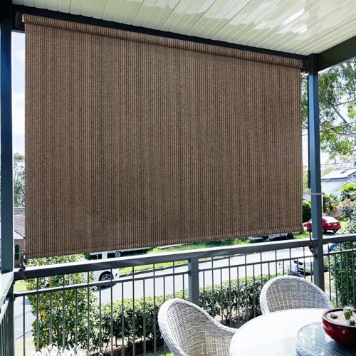 Amagenix Outdoor Roller Shades, 220GSM HDPE Exterior Cordless Patio Shades Roll Up Outdoor Blinds for Porch Gazebo 10'(W) x 8'(H), Spliced Poles Design, Mocha