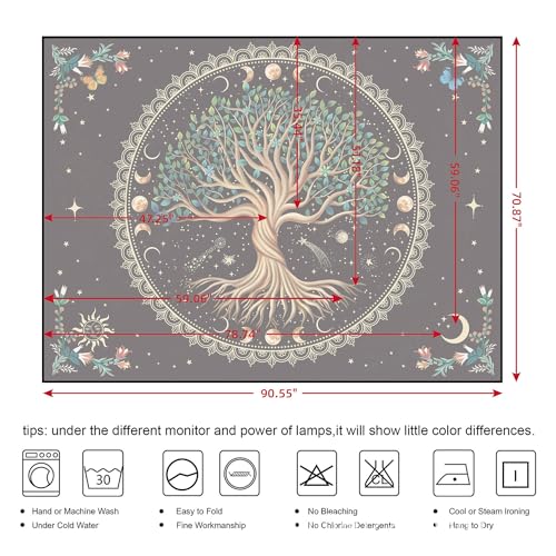 Moon Phase Tree of Life Tapestry Nature Flower Plant Butterfly Tapestries Boho Mandala Spiritual Tapestry Aesthetic Wall Hanging for Home Decor Bedroom Living Room Dorm Decor (35.44" x 47.25", Blue)