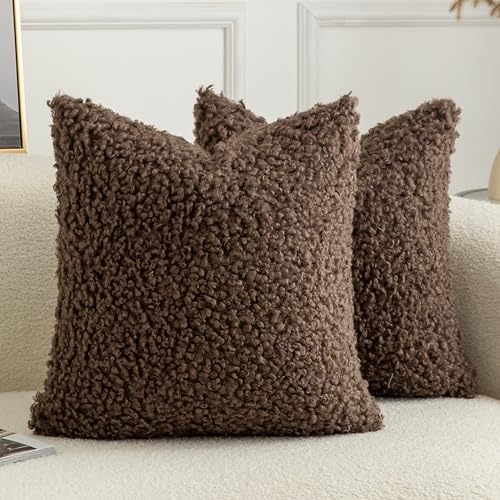 Pack of 2 Curly Teddy Wool Faux Fur Throw Pillow Covers Fuzzy Accent Soft Sherpa Pillowcases Sheepskin Fleece Decorative Cushion Case for Sofa Couch Living Room 18x18 Inch Chocolate