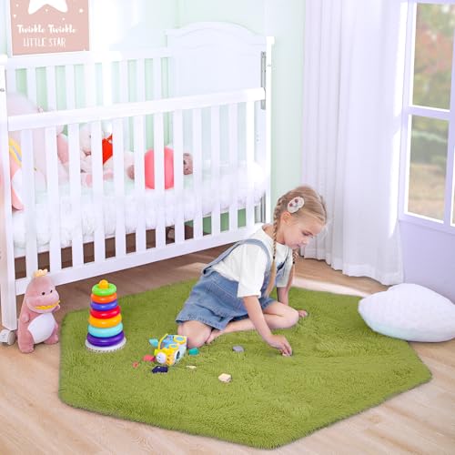 junovo Ultra Soft Rug for Nursery Children Room Baby Room Home Decor Dormitory Hexagon Carpet for Playhouse Princess Tent Kids Play Castle, Diameter 4.6 ft, Green