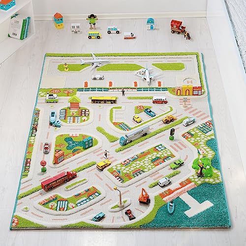 IVI Mini City 59" L x 39" W Educational Toddler Car Play Mat Rug for Bedroom, Kids Den, or Playroom