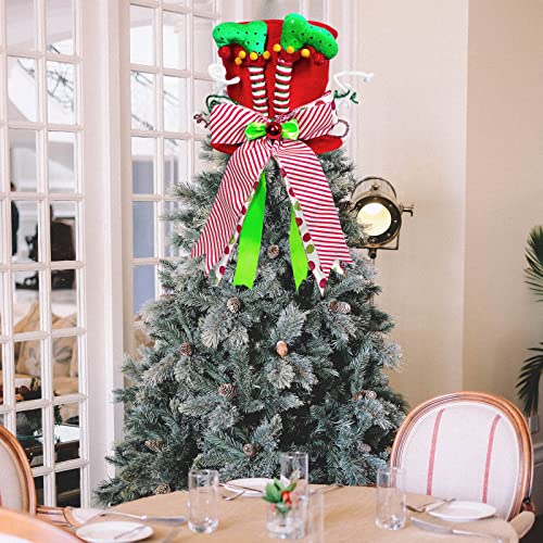 Lordaeron Christmas Tree Topper Hat,Large Red Velvet Hat with Elf Legs and Lengthened Bowknot Christmas Tree Decorations Tabletop Ornaments for Holiday Home Decor