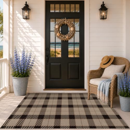 Washable Plaid Indoor Outdoor Rug 3x5 for Front Porch, Entryway, Patio, No Shed Easy Jute Non Slip TPR Backing Area Rug for Large Kitchen, Farmhouse Black & Tan Checkered Seagrass Aesthetic