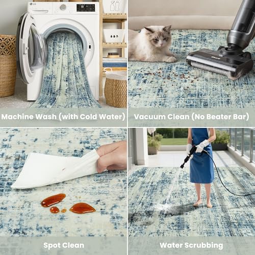 10x14 Washable Area Rug for Living Room Bedroom: Non-Slip Modern Blue Gray