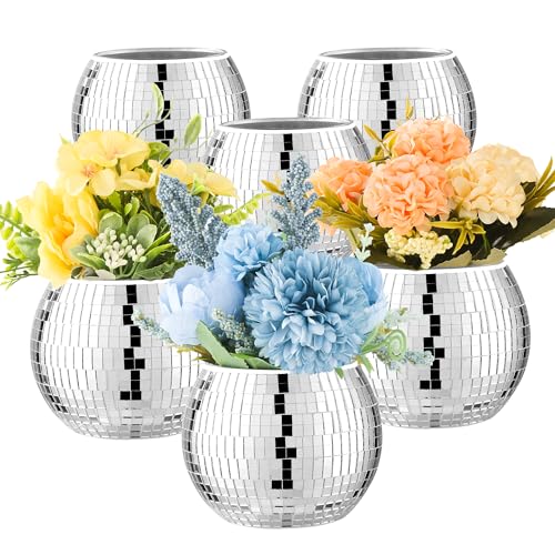 6 Pcs Disco Ball Vase Disco Ball Planter for Centerpieces Disco Ball Decor Flower Vase with Silver Mirror Glass for Wedding, Birthday, Party (3" X 4")