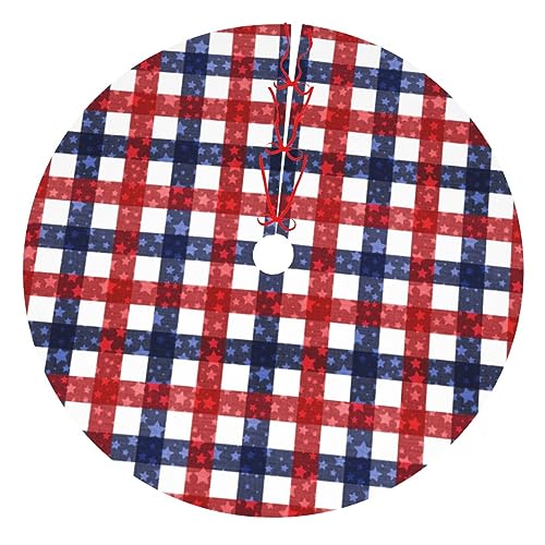 July 4th Patriotic American Flag Plaid Red Blue White 36 Inch Christmas Tree Skirt Carpet Mat Funny Party Decor Supplies for Xmas Halloween Decorations Occasion Ornament