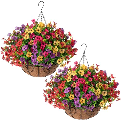 HyeFlora 2 Set Artificial Outdoor Flowers Hanging Basket, Faux Hanging Plants for Outside Spring Decoration, Fake Silk UV Resistant Look Real Daisy for Porch Patio Home Decor