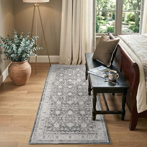 jinchan 2x6 Vintage Floral Runner Rug, Washable Non Slip, Grey